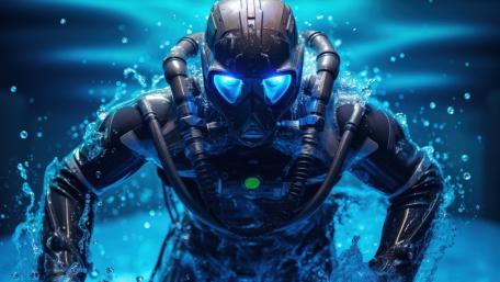 Futuristic Underwater Diver with Glowing Eyes wallpaper