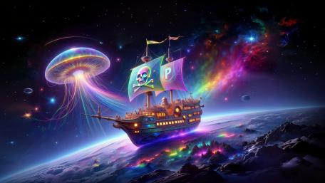 Rainbow Pirate Ship in Cosmic Voyage wallpaper