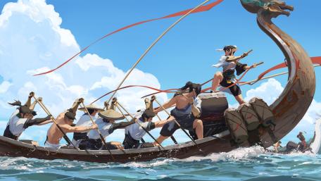Dragon Boat Journey in Vibrant Waters wallpaper