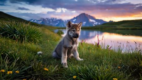 Wolf Cub at Sunrise by Tranquil Lake wallpaper