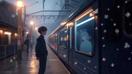 Anime Guy Awaits Adventure at the Train Station wallpaper
