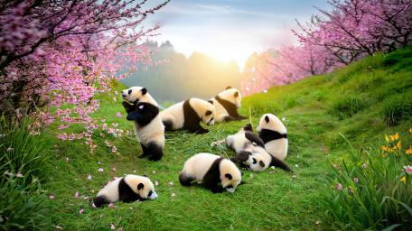 Pandas in a Blossom Paradise wallpaper