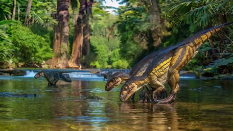 Dawn of Extinction: Dinosaurs Roam Vibrant Forests in 5K Art wallpaper