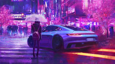 Neon Dreams in the Rainy City wallpaper