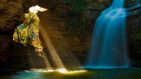 Majestic Cave Waterfall Landscape wallpaper