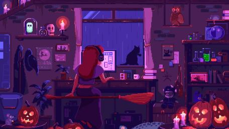 Halloween Night with a Pixel Witch in Lo-fi Vibes wallpaper