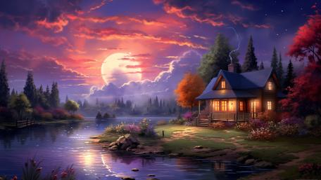 Moonlit Serenity by the Lakeside wallpaper