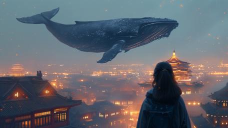 Whale Dream Above an Oriental Cityscape wallpaper