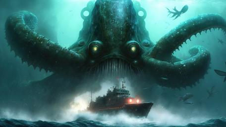 Giant Water Monster Attacks Ship in Fantastical Seas wallpaper