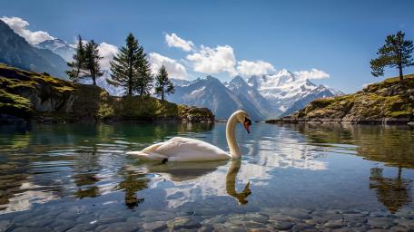 Swan's Tranquil Journey on Mountain Lake wallpaper
