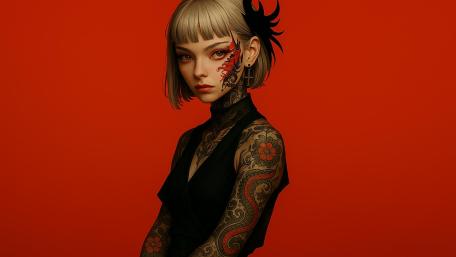 Tattooed Elegance Anime Art on Red Background wallpaper