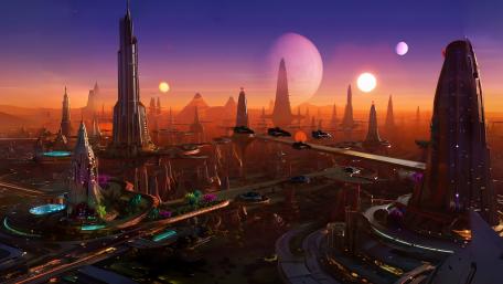 Futuristic Alien Cityscape at Sunset wallpaper