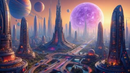 Futuristic Alien Metropolis with Celestial Wonders wallpaper