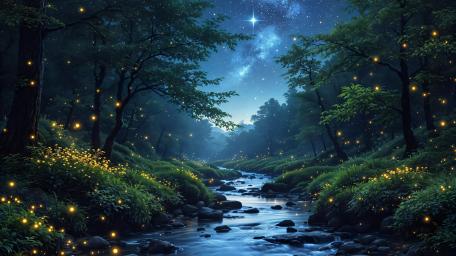 Enchanted Forest with Fireflies and Starlit Sky wallpaper