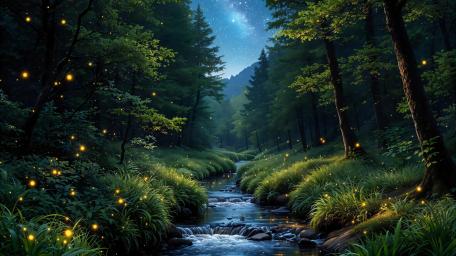 Enchanted Forest Creek with Magical Fireflies wallpaper