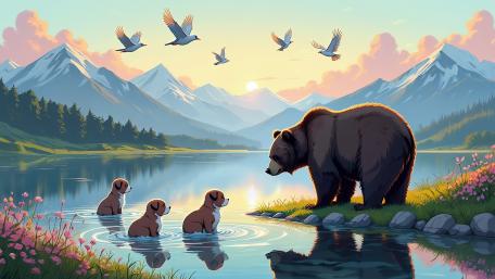 Enchanted Wilderness Reverie: Bears and Birds Unite wallpaper