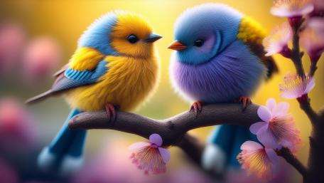 Whimsical Harmony Two Little Birds in a Fairytale World wallpaper