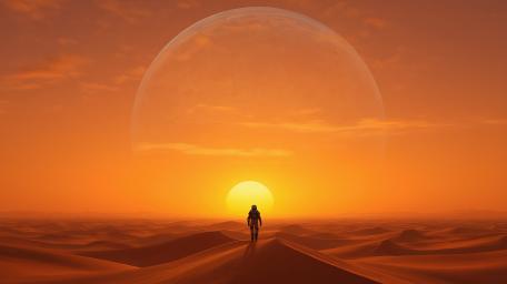Mystical Astronaut Journey Across a Desert World wallpaper
