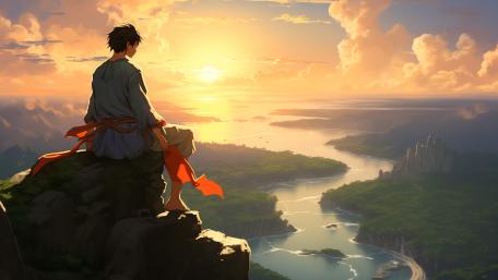 Sunset Over Serene Valleys in Anime Style wallpaper
