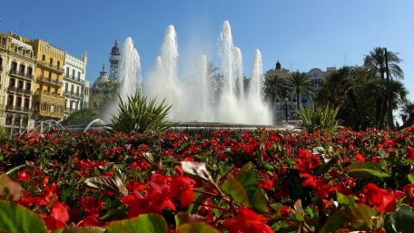 Valencia's Enchanting Plaza with Fountain View wallpaper