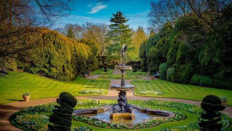 Tranquil Garden Oasis with Majestic Fountain wallpaper