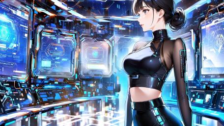 Futuristic AI Anime Girl in High-Tech Lab wallpaper
