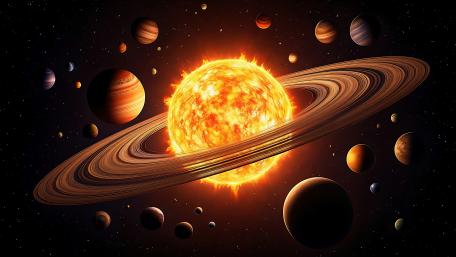 This Planet's On Fire Magic of a Fiery Ringed Planet with a Stellar Glow wallpaper