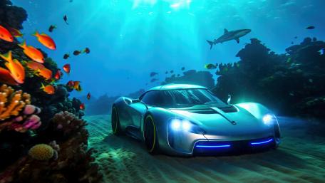 Underwater Supercar Adventure in Coral Paradise wallpaper