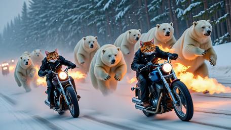 Polar Cats on Fiery Motorbikes Chased by Bears wallpaper