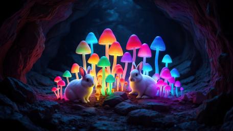 Glowing Forest Wonderland with White Rabbits wallpaper