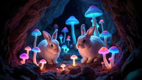 Bunnies And Neon Mushrooms wallpaper