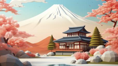 Serene Oriental Landscape with Pagoda and Volcano wallpaper