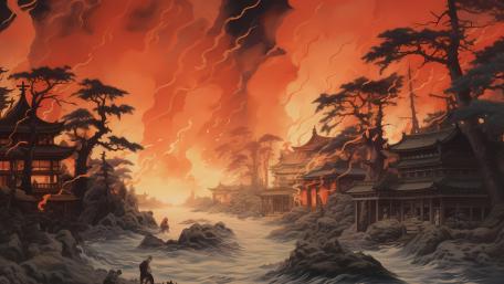 Flames of an Oriental Landscape in Anime Style wallpaper