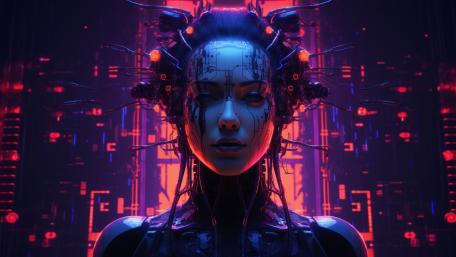 Futuristic Cyborg Woman in Neon Glow World wallpaper