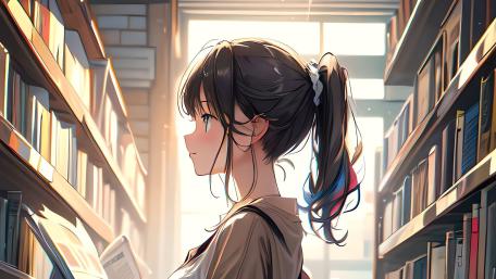 Anime Girl in Tranquil Library Setting wallpaper
