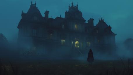 Haunted Château in the Mysterious Night Mist wallpaper