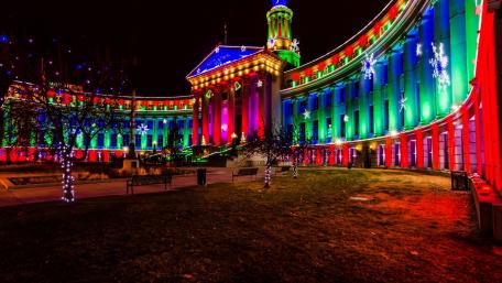 Festive Lights in Denver City Building Nightscape wallpaper