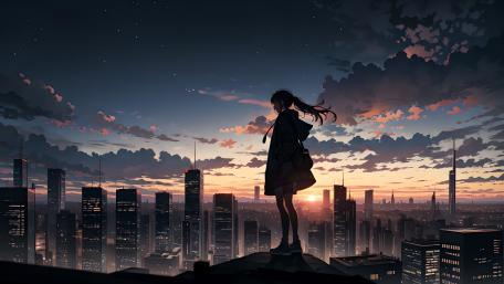 Solitary Reflection in the Anime Cityscape at Sunset wallpaper