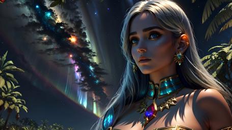 Celestial Dreamscape with Silver-Haired Enchantress wallpaper