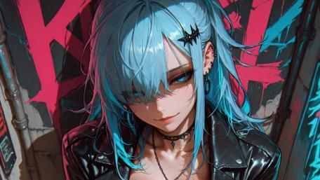 Blue-Haired Anime Girl in Urban Art Scene wallpaper