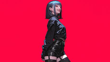 Anime Girl with Black Hair Against Red Background wallpaper