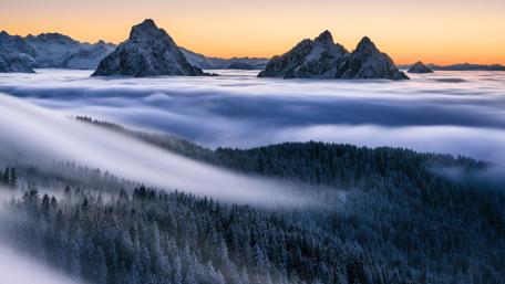Alpine Sunrise Emerge from the Foggy Dawn wallpaper