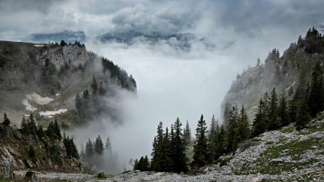 Mist-Covered Mountain Valley Panorama wallpaper