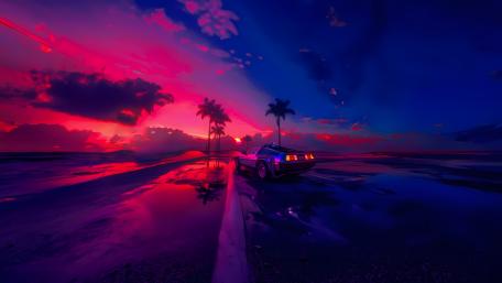 Retro Synthwave Dreamscape with DeLorean at Dusk wallpaper