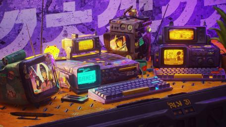 Retro Cyberpunk Gaming Setup with Vintage Tech wallpaper