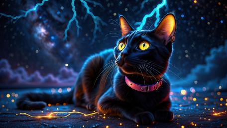 Mystical Black Cat Under a Starry Night Sky wallpaper