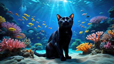 Underwater Feline Adventure in Vibrant Coral Reef wallpaper