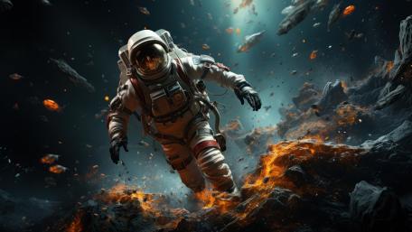 Astronaut Journey Through Fiery Cosmos wallpaper