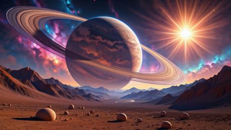 Vibrant Cosmic Landscape with Majestic Ringed Planet wallpaper