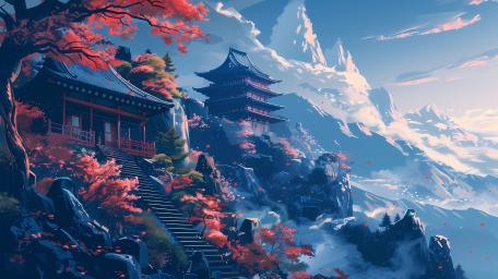 Anime Serenity Amidst Oriental Mountains wallpaper